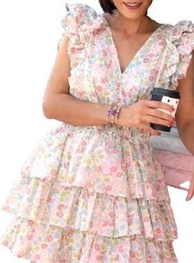 Love the Label Women's Medium Dress Ines Floral Tiered Ruffle Sleeveless
